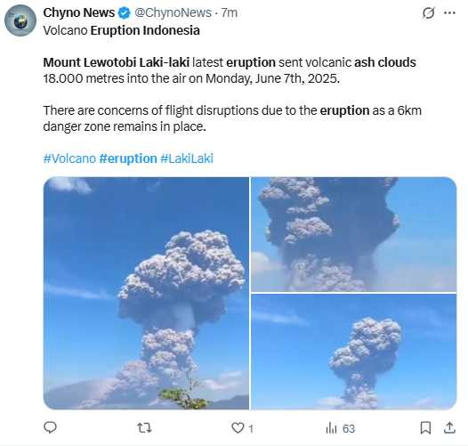 印尼列沃特比火山驚傳劇烈噴發，火山灰直衝天際，當局緊急發布最高警戒，提醒遊客切勿靠近火山。（圖／翻攝自X）