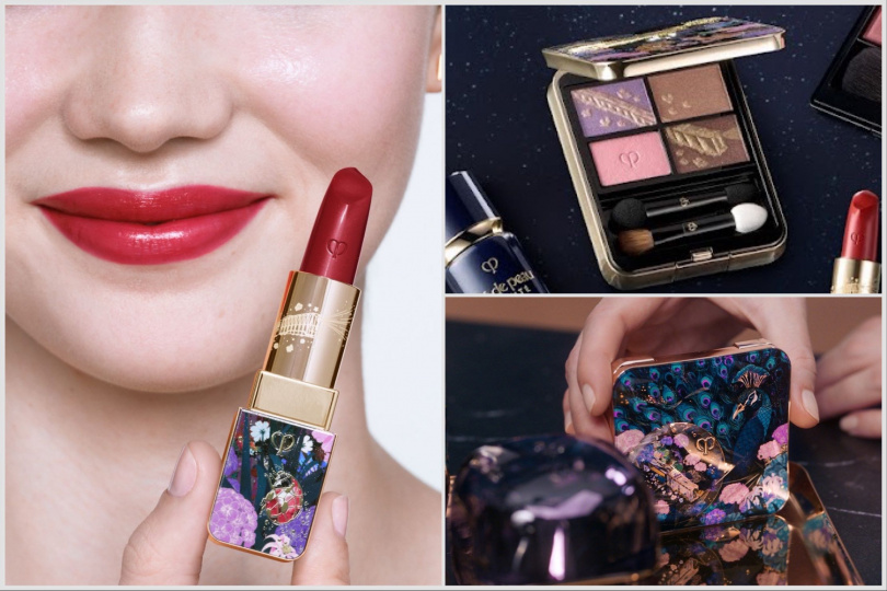 肌膚之鑰 奇幻列車 四色眼影盤 #504 6g / 2,800元，肌膚之鑰 奇幻列車 光耀幻妍餅 #110 10g / 3,100元，肌膚之鑰 奇幻列車 奢潤唇膏 #527 4g / 2,000元。（圖／品牌提供）