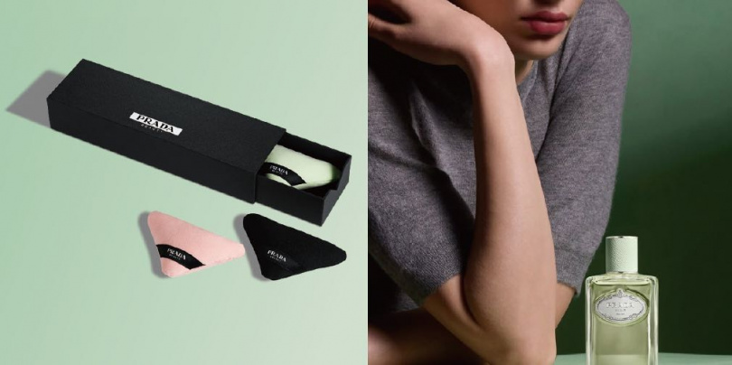 全台限量「PRADA 擴香氣墊禮盒」，三角外型搭配品牌香氛，適合點綴居家或辦公角落。（圖／品牌提供）
