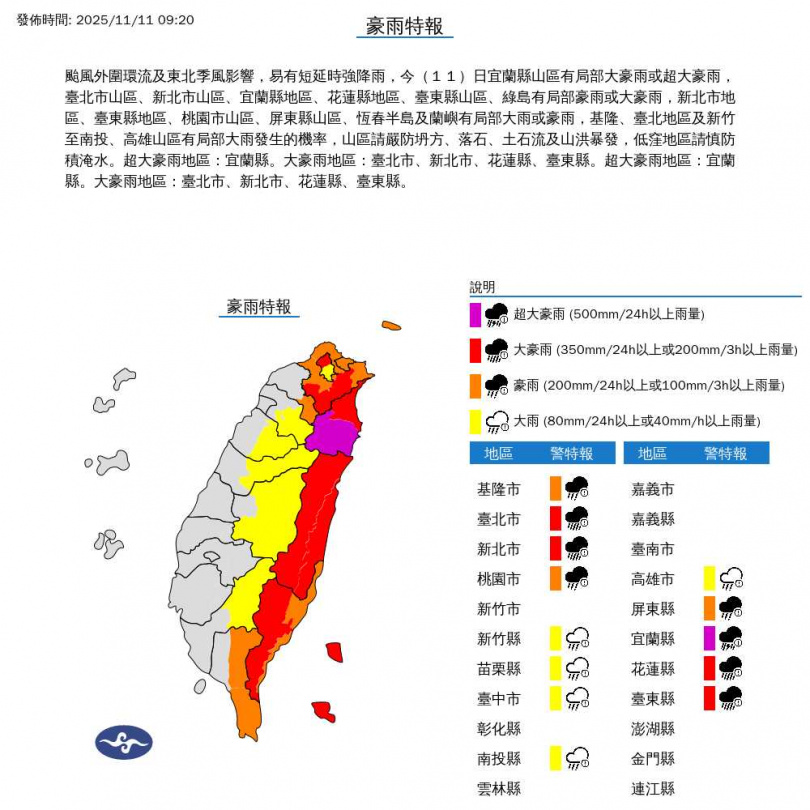 豪大雨特報。（圖／中央氣象署）