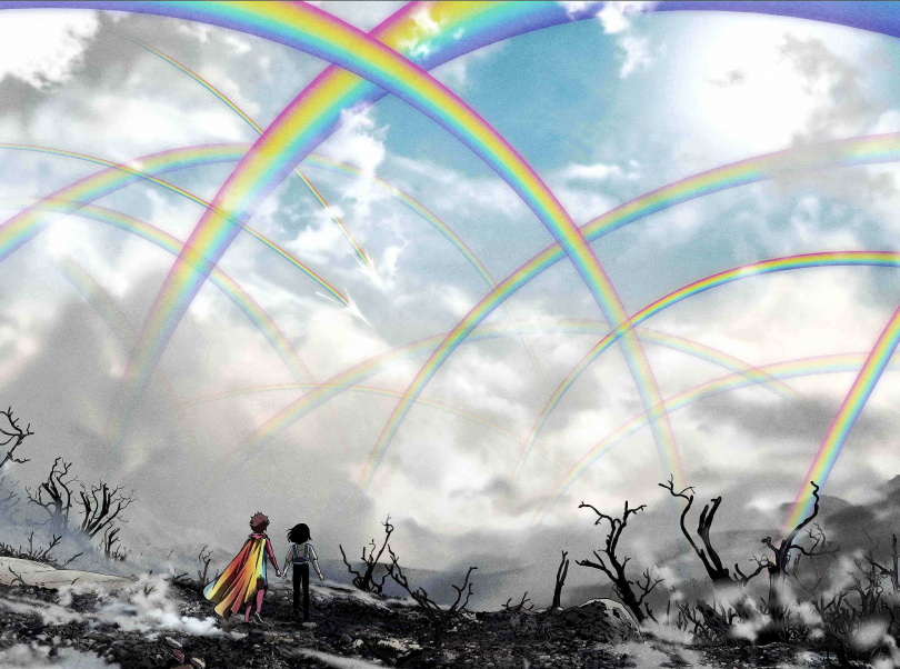 《再見未來男孩》設定兩個相距857年的未來世界,藉由「彩虹」奇幻之橋魔幻連結。(圖/海鵬提供)