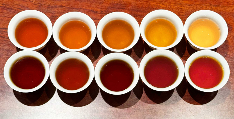 從2025年至1983年福壽山烏龍茶逐年漸深的湯色表現。（圖／吳德亮攝影）