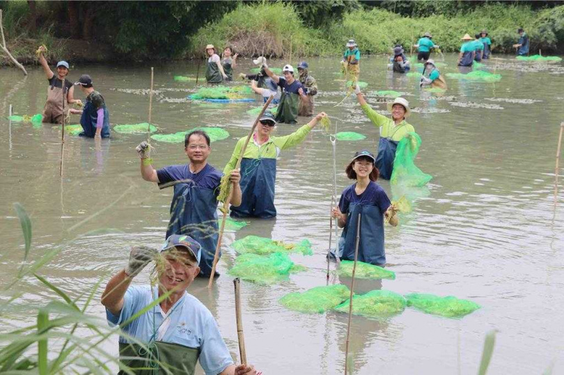 林業署嘉義分署號召志工、保育團體，在九芎埤種下近2萬株印度莕菜及菱角。（圖／翻攝畫面）