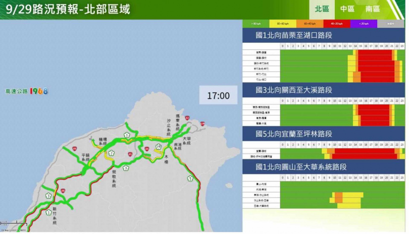教師節連假第3日南部路段路況預報圖。（圖／高公局）
