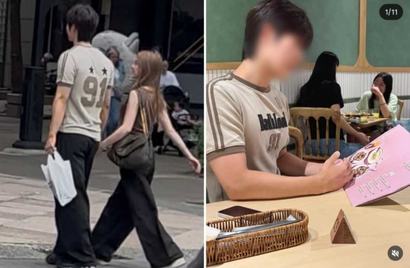 本刊讀者8月底就拍到邱偲琹跟韓國男友牽手逛街，後來男方社群上也有同樣衣服的照片。（圖／讀者提供／翻攝網路）