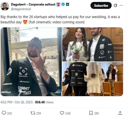 Renouf的結婚禮服上總計印有26家新創公司Logo,包括他本人創辦的科技公司CompAi。(圖/翻攝自X,dagorenouf)