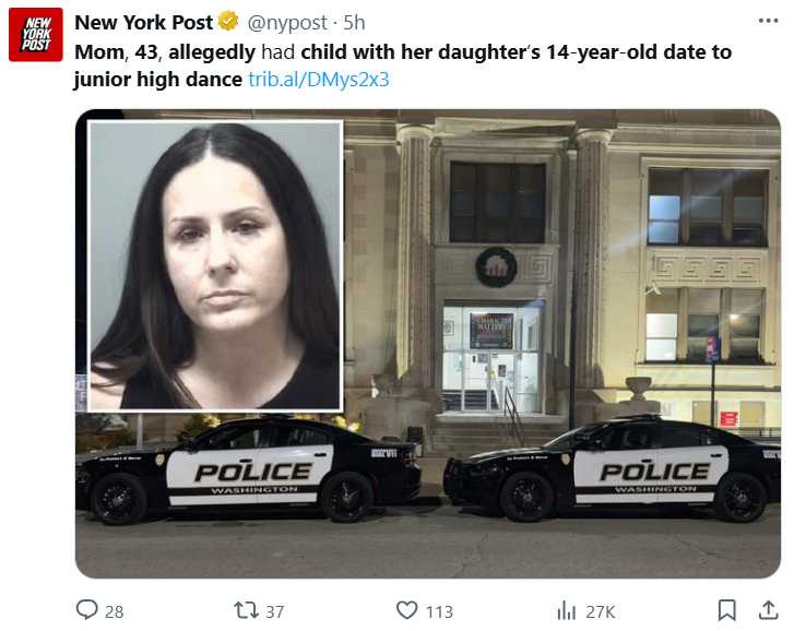 女兒舞伴成孩子生父，43歲母遭控性侵未成年。（圖／翻攝自X，@nypost）