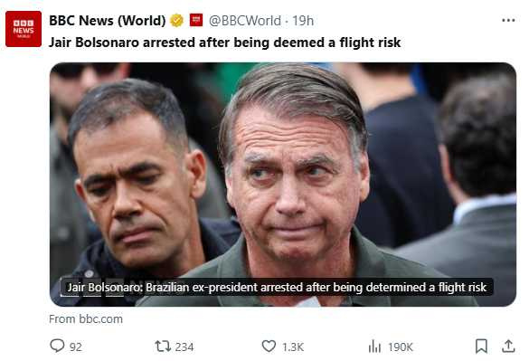 波索納洛於9月遭判27年徒刑，罪名為策劃政變阻止政權交接，案件仍在上訴中。（圖／翻攝自X，BBC News (World)）
