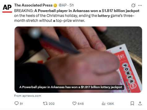 威力球彩券每張售價2美元，平安夜開出天價頭獎，終結長達3個月無人中獎紀錄。（圖／翻攝自X，@AP）