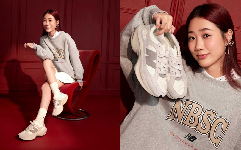 小編推薦可學百萬人氣YouTuber-韓勾ㄟ金針菇，穿上兼具舒適腳感與簡約時尚外型的New Balance奶油白WRPD Runner，上身搭配SDS系列Oversized經典衛衣x百褶褲裙，運動時也能時髦又可愛。（圖／品牌提供）
