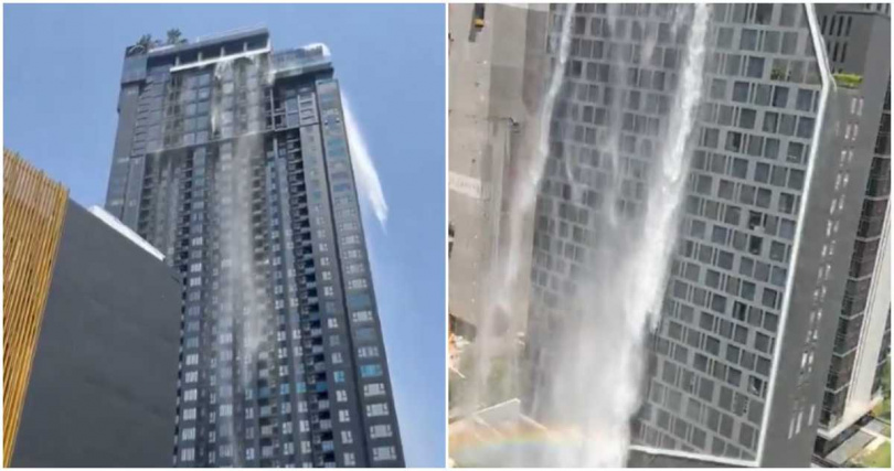 泰國酒店泳池大量溢出,猶如瀑布般從樓頂直接傾瀉而下。(圖/擷取自X)