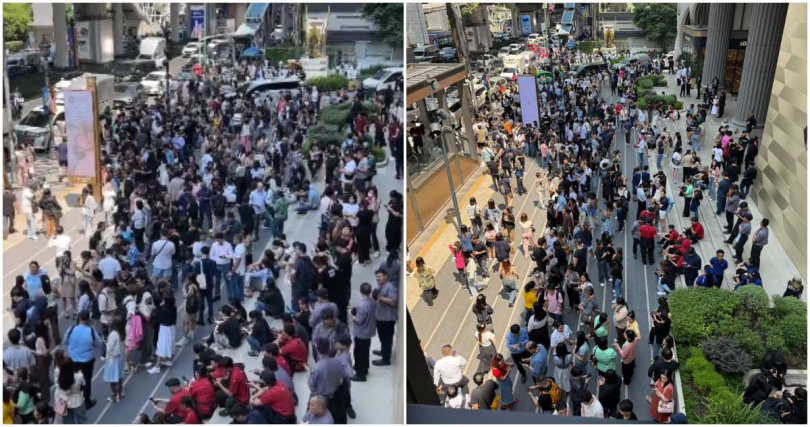 地震發生當下,大批民眾、遊客緊急從建築物內逃出避難。(圖/林立浩攝)