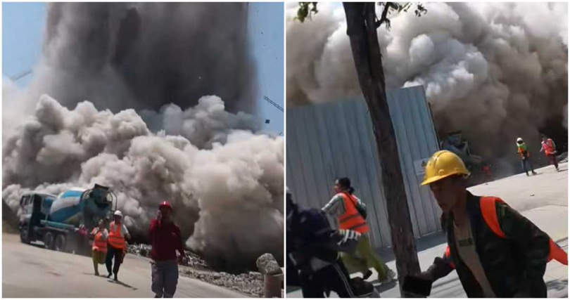 曼谷恰圖恰一棟高樓建築瞬間被震垮,建築大廈直接被夷為平地,現場大量粉塵衝天,嚇得現場工人紛紛四處逃竄。(圖/擷取自Facebook)