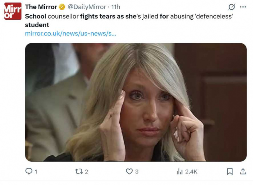 菁英男校爆性侵！43歲女輔導「傳裸照、零用金」色誘17歲男生，當庭痛哭認罪。（圖／翻攝自X）