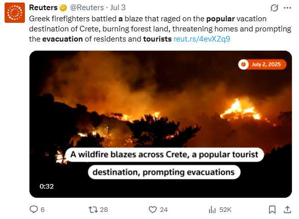 克里特島與雅典郊區接連爆發野火，大火延燒民宅、飯店與森林，濃煙遮蔽天空，數千名觀光客連夜逃離。（圖／翻攝自X）