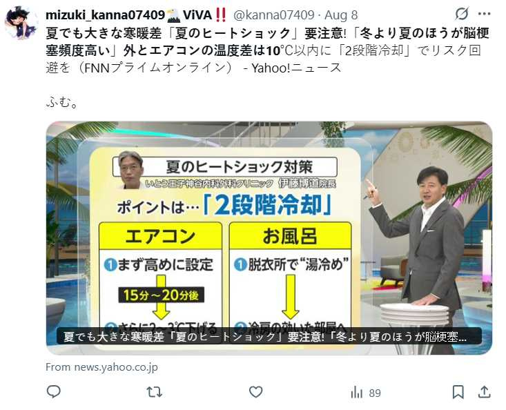 專家提醒，冷氣房與酷暑室外頻繁進出，容易因劇烈溫差導致血壓急降或上升，增加心腦血管疾病風險。（圖／翻攝自X）