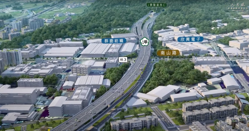國道一號甲線動工，預計設置「山鼻段桃三交流道」，串聯南山路、群鹿紡織與欣興電子周邊產業，暢通A10新南崁交通路網。（圖片提供／宗佳致境）
