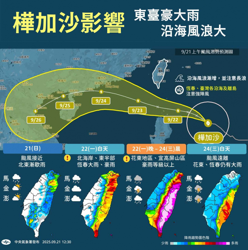氣象署在臉書粉專「報天氣 - 中央氣象署」說明樺加沙的風雨影響時程。（圖／氣象署）
