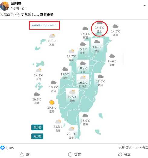 前氣象局長鄭明典指出,氣象數據接近冷氣團標準,提醒民眾注意保暖。(圖/翻攝自FB,鄭明典)