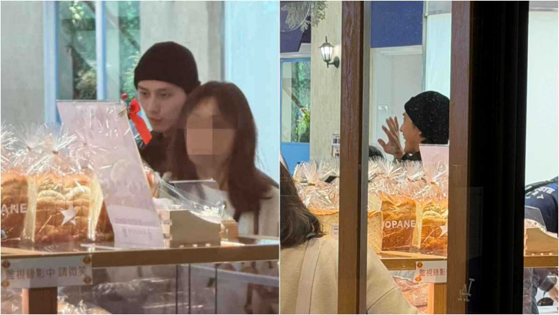 范少勳跟女性長輩一起挑麵包，然後對遠處的老婆露出燦笑。（圖／讀者提供）