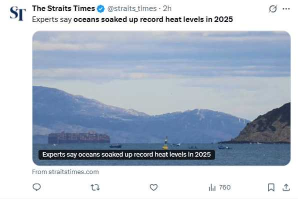 2025年海洋熱含量增加達23澤焦耳，創下自1950年代以來最高紀錄。（圖／翻攝自X，@straits_times）