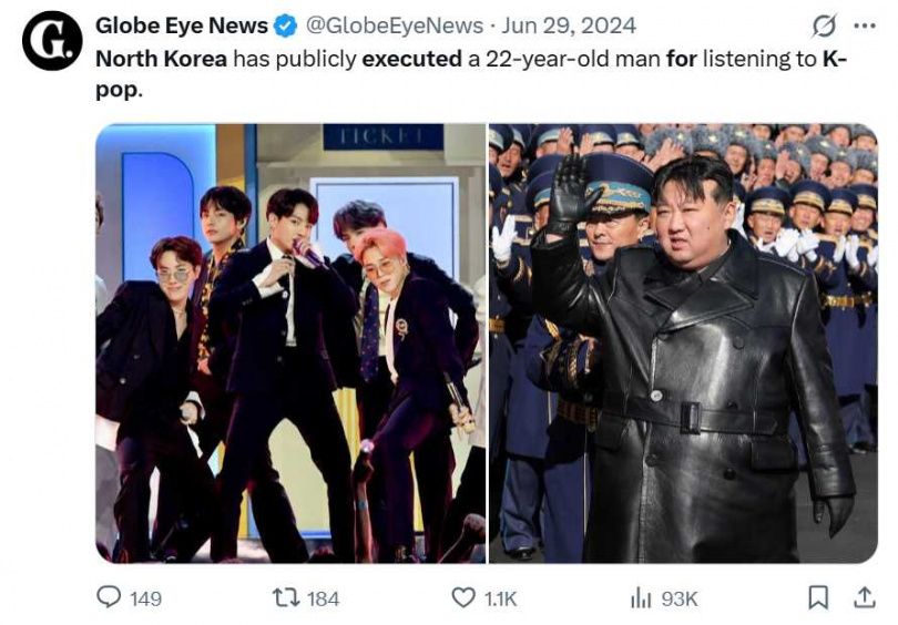 根據國際特赦組織最新報告，北韓脫北者揭露曾因觀看南韓影視遭嚴酷懲處。（圖／翻攝自X，@GlobeEyeNews）