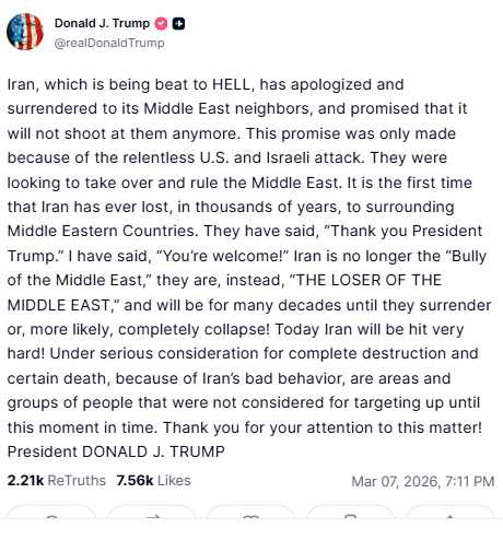 美國前總統川普對伊朗發出強硬警告。（圖／翻攝自Truth Social）