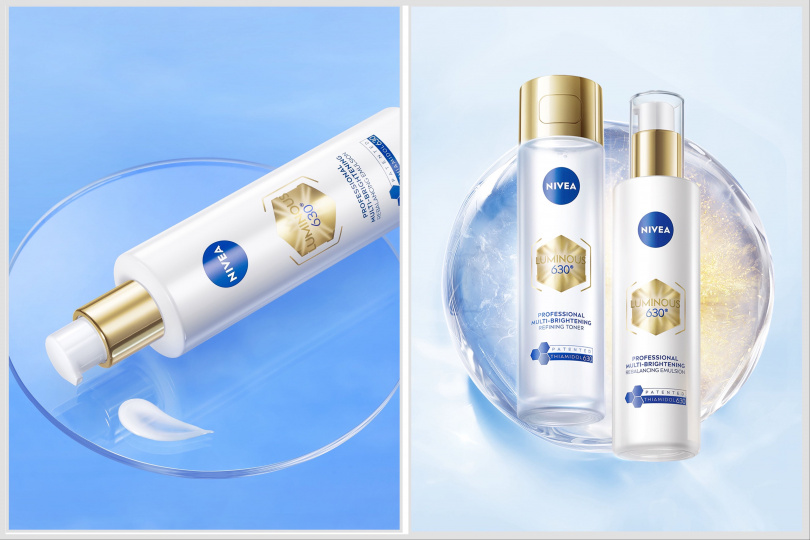 妮維雅LUMINOUS630肌光三酸煥膚極粹水120ml／799元、妮維雅LUMINOUS630肌光透白修護精華乳40ml／1,099元。（圖／品牌提供）