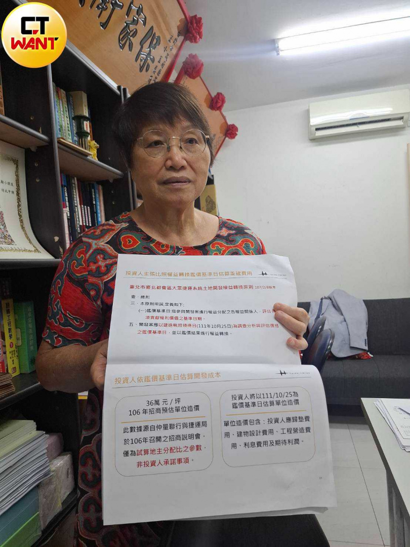 王小玉指出,捷運局曾透露口風,私地主委建費用為73.8萬元,事後又否認,公然說謊。(圖/林慶祥攝)