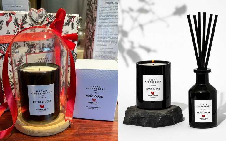 (左)Urban Apothecary U/A 愛心慈善限定香氛蠟燭-玫瑰沉香 Rose Oudh 300g/2,290元;單品的Urban Apothecary U/A 愛心慈善限定精油擴香-玫瑰沉香 Rose Oudh 200ml/2,490元。(右)U/A 愛心慈善限定組合,內含:Urban Apothecary 愛心慈善限定香氛蠟燭-玫瑰沉香 300g *1、Urban Apothecary 愛心慈善限定精油擴香-玫瑰沉香 200ml *1新品上市愛心限定價3,980元(原價4,780元)。(圖/品牌提供、黃筱婷攝)