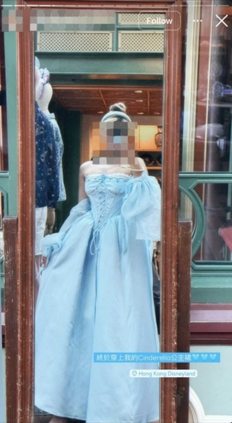 林倩在香港迪士尼穿著藍綠色公主洋裝打燈拍攝，遭許多網友痛批，她發限動道歉了。（圖／翻攝自IG）