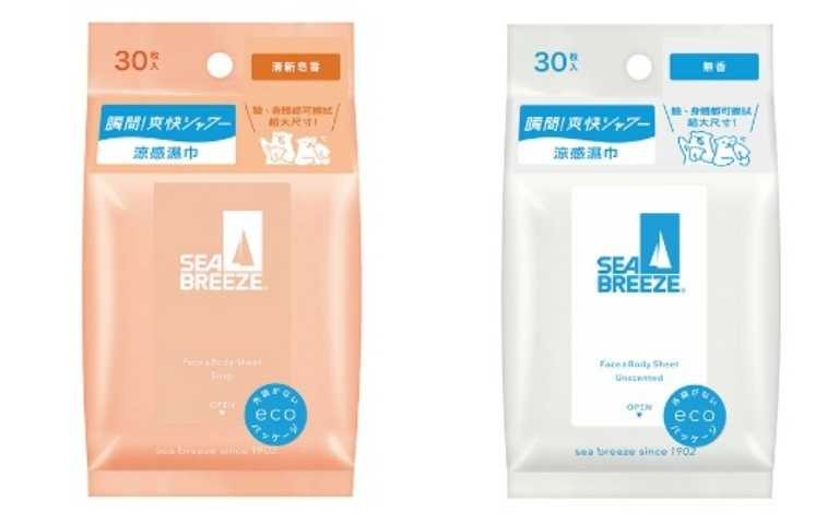 左為清新皂香：經典肥皂香型，超有潔感；右為無香款：不搶香水風采，低調使用感佳！SEA BREEZE臉&身體兩用涼感濕巾 30枚入 / 145元（圖／品牌提供）