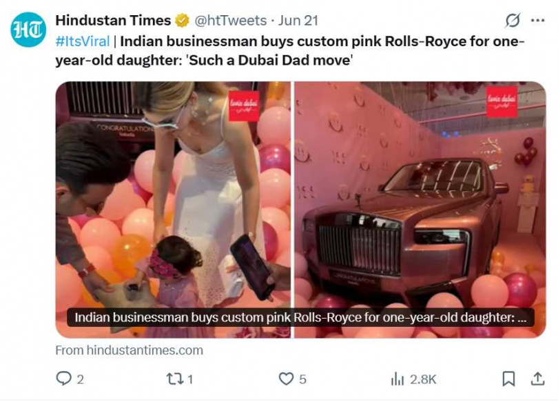 薩提許‧桑帕爾與妻子在父親節將訂製粉紅勞斯萊斯送給1歲女兒，奢華場面引發網友熱議。（圖／翻攝自X）