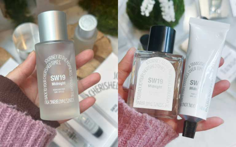 SW19 Midnight 枕香 & 空間噴霧 50ml／1,080元、SW19 Midnight 護手霜  50ml／880元、SW19 Midnight 淡香精 50ml／2,880元（圖／廖怡婷 攝）