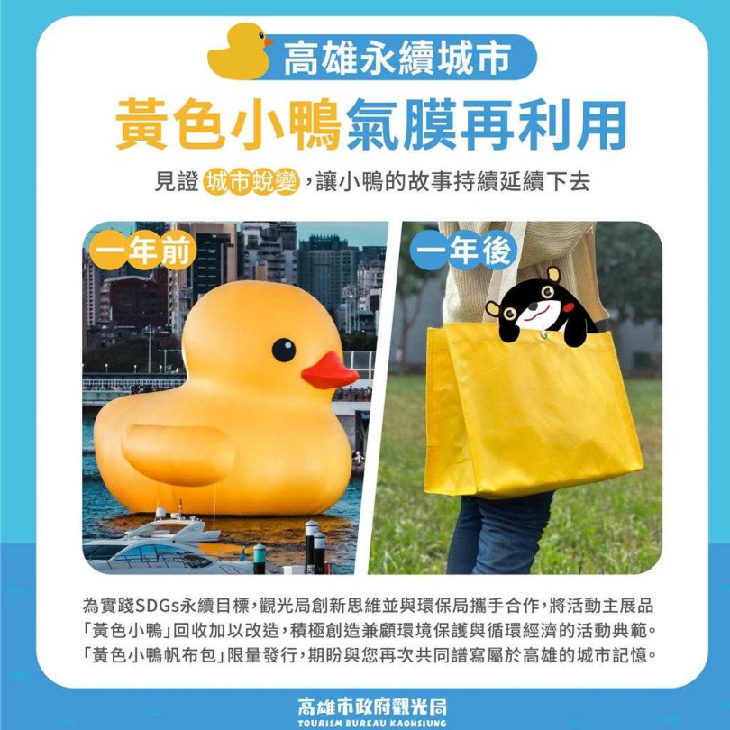 觀光局今公布「小鴨帆布包」領取資訊,2月7日下午1時開始發放,地點於高雄港17號碼頭(靠近舞台旁邊)。(圖/高市觀光局提供)
