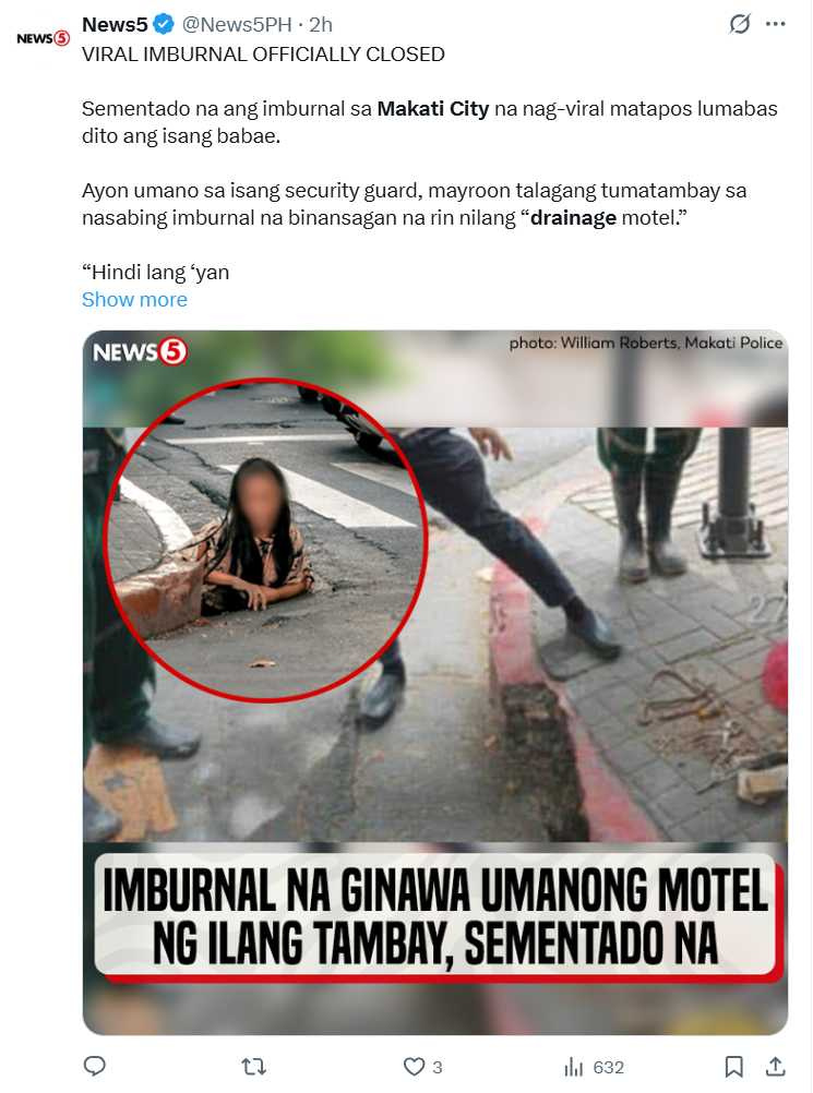 馬卡蒂市區驚見女子從排水孔中爬出,目擊者拍下瞬間畫面,引發熱議。(圖/翻攝自X)