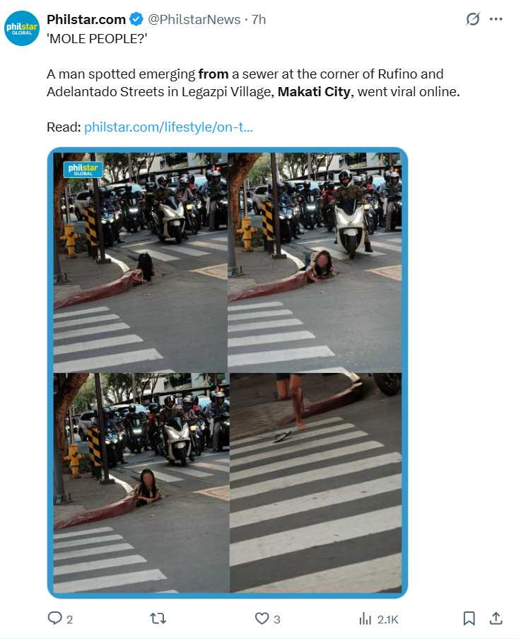 馬卡蒂市區驚見女子從排水孔中爬出,目擊者拍下瞬間畫面,引發熱議。(圖/翻攝自X)