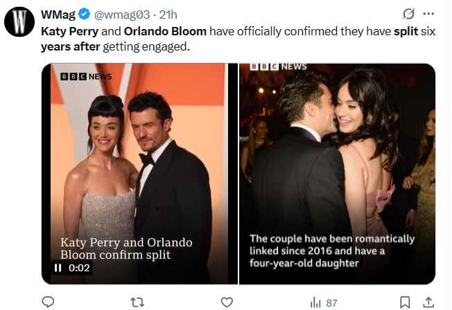 凱蒂佩芮與奧蘭多布魯2019年訂婚，卻始終未完成婚禮，7年情終於畫下句點。（圖／翻攝自X）