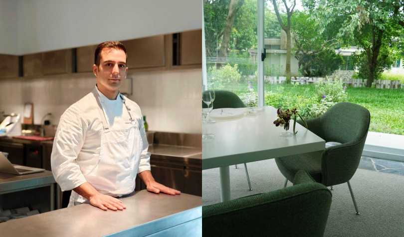 來自西班牙的行政主廚Jonatan Motos Ferrán（左）、Restaurant 12用餐空間的陽光房。（圖／魏妤靜攝）