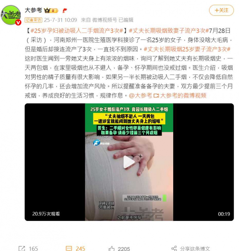 25歲女子三度流產，醫師懷疑丈夫在家長期吸菸為主因，籲共同戒菸守護生育健康。（圖／翻攝自微博）