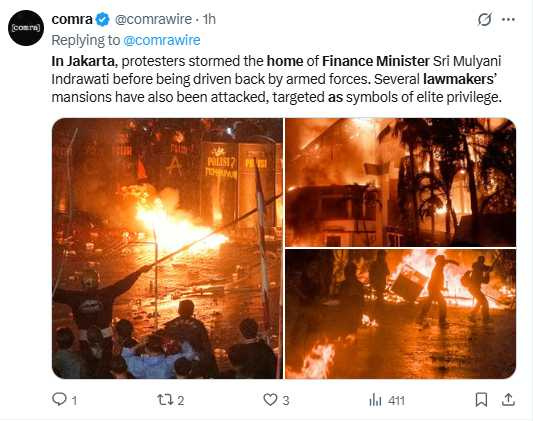 外送員在抗議中遭警用裝甲車輾斃後,反政府示威持續擴大。(圖/翻攝自X,@comrawire)