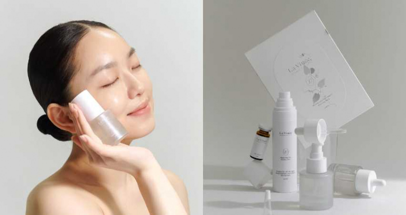 La Vinée 極光奇肌前導噴霧 100ml／1,280m元、曙光秘鑰前導精華30ml／1,880元、核心因子安瓶 30ml／2,580元、晨光輕分子養膚油 30ml／2,180元、晨光水潤修護面膜 單片／220元（圖／品牌提供）