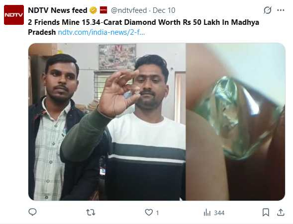 這顆閃耀的天然鑽石重達15.34克拉,評估價值超過500萬盧比,將於近期在帕納鑽石拍賣會上亮相。(圖/翻攝自X,@ndtvfeed)