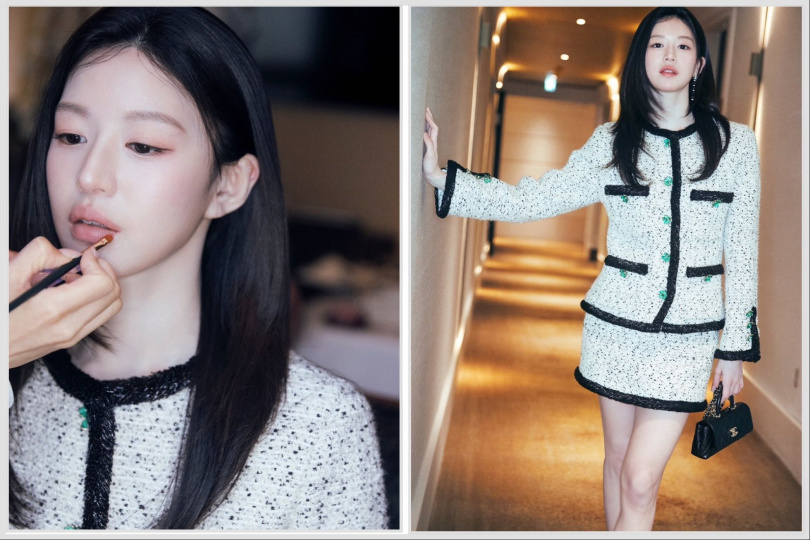 高允貞以簡約配件搭配小香風套裝，整體氣質優雅宛如畫報。（圖／高允貞 ig ）