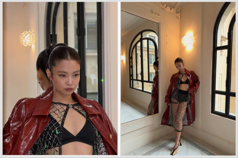 Jennie在秀後披上紅色皮革長大衣，整體氣場瞬間提升。（圖／Jennie ig ）