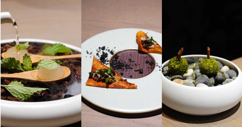 開胃小點左起為象徵早晨的「露｜芭樂•手指檸檬•香蜂草」、正午的「炙曬｜臘肉•蕈菇•信州白味噌」、傍晚的「森苔｜乳酪•鳳梨•開心果•馬告」。（圖皆為2份，圖／魏妤靜攝）