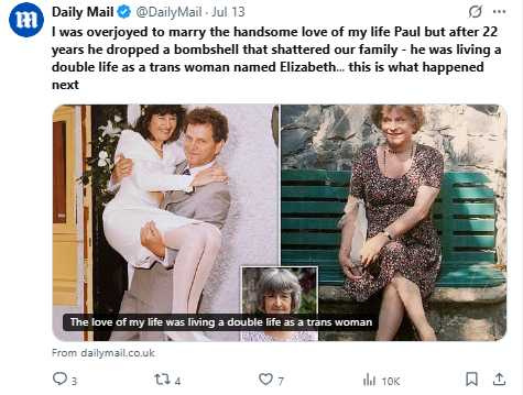 烏娜在與丈夫結婚20年後得知對方其實認同為女性,兩人最終離婚收場,她更成立「TransWidows」團體,為同樣遭遇的女性發聲。(圖/翻攝自X