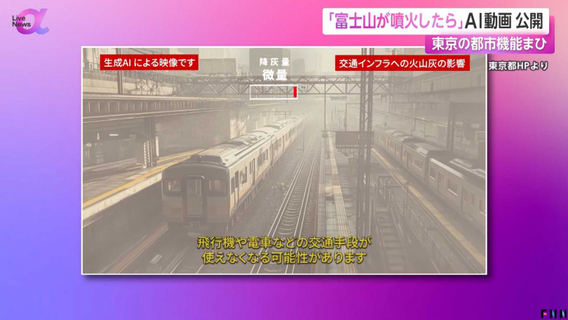 日本東京都首次公開1段用生成式AI製作的富士山噴發模擬影片。(圖/翻攝自《富士新聞網》)