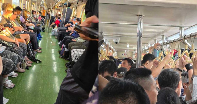 列車到宜蘭二結車站時，車廂內還有空間讓乘客通過（左圖），但在經過花蓮吉安車站後，車廂迅速擠滿了鏟子超人。（圖／Threads@sophiafan0418授權提供）