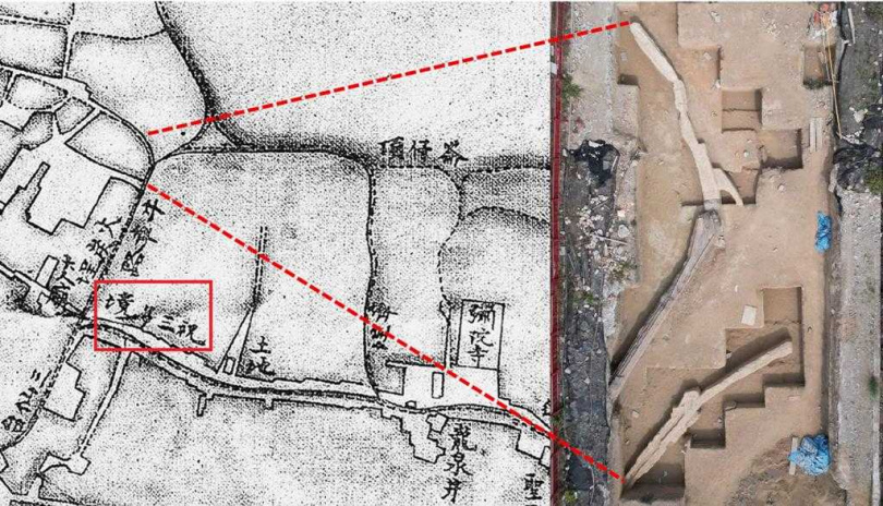 右為此次出土牛車路遺構,左為祝三多境與1875年的「臺灣府城街道全圖」對照圖。(圖/文資處提供)
